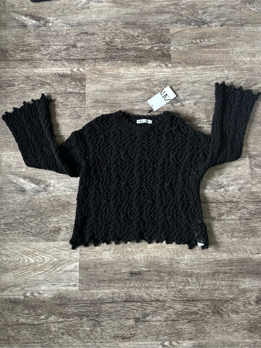 NWT Zara Black Crochet Knit Long-Sleeve Pullover